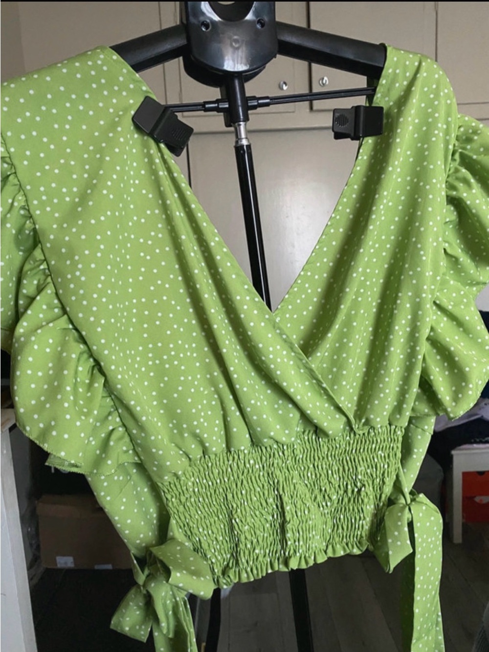 SHEIN Lime Green Polka Dot Smocked Wrap Crop Top